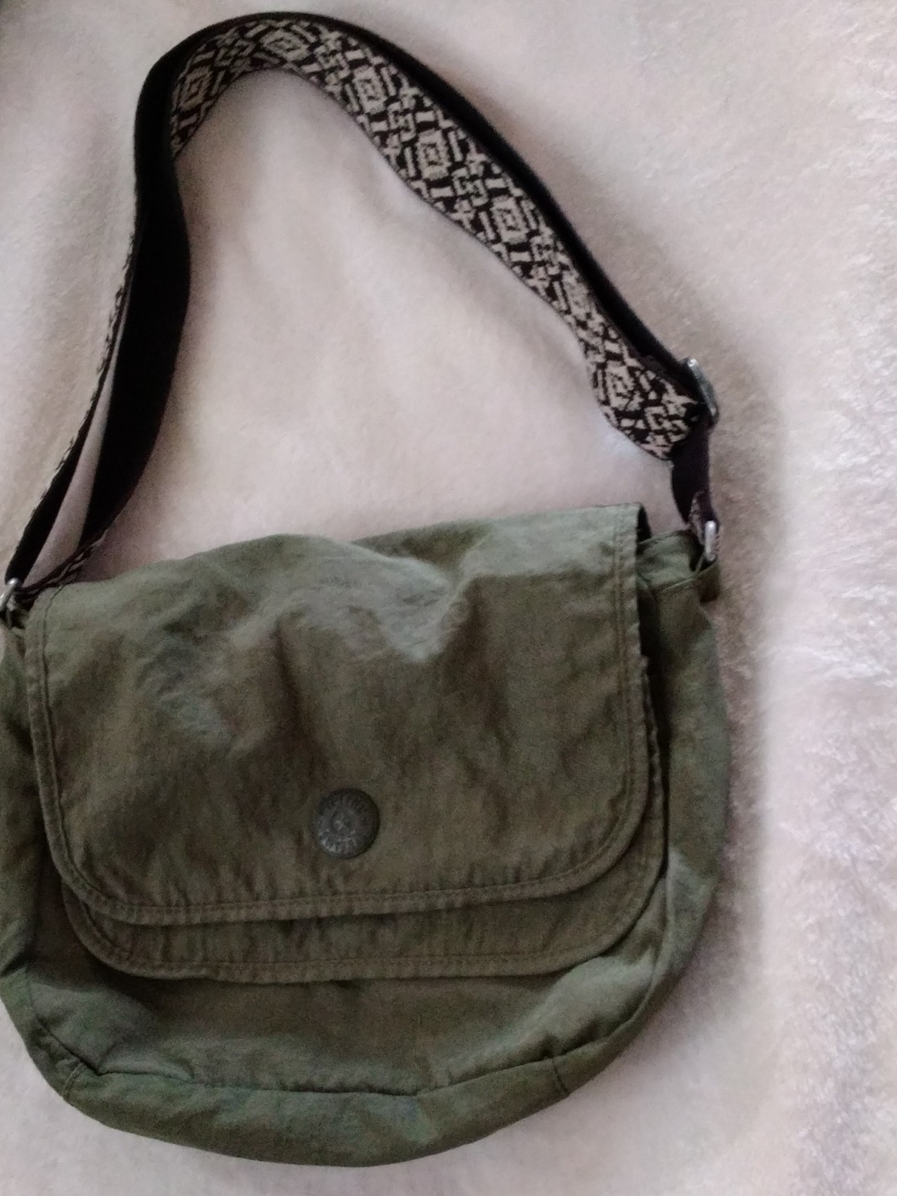 Kipling Olive Green Canvas Crossbody with Patterned Strap